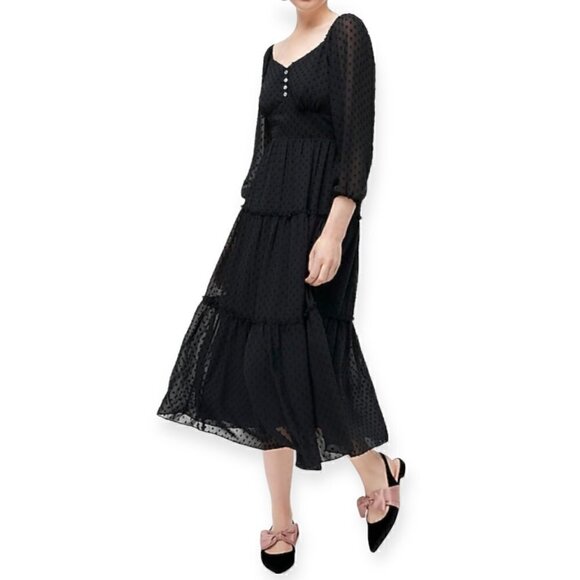 J.Crew‎ Tiered long-sleeve midi dress in swiss dot, Size 2, black, New with tag - Picture 1 of 16